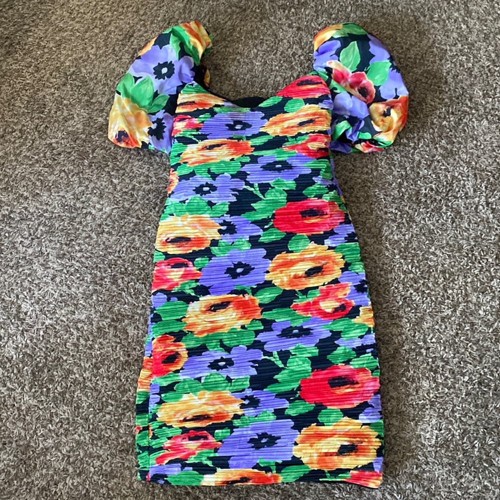 Vintage 80's Puffy Sleeve Formal Dress. Sz S or 2/4. Bright Floral.